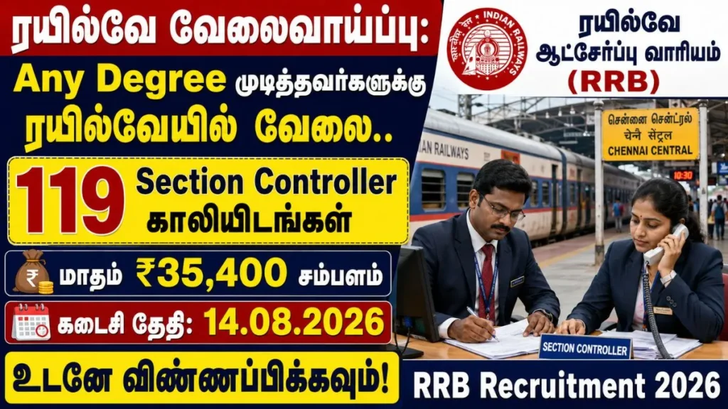 RRB Section Controller Recruitment 2026 for 119 vacancies with Level 6 salary of Rs 35400 for Any Degree graduates