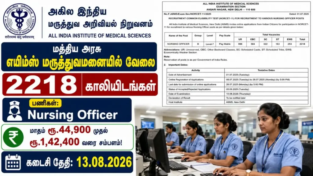 AIIMS NORCET 11 Recruitment 2026 notification for 2,218 Nursing Officer vacancies for B.Sc Nursing and GNM candidates.