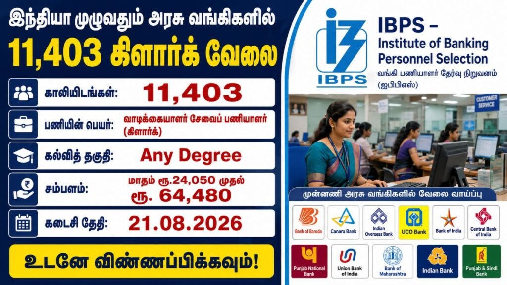 IBPS Clerk வங்கிப் பணியாளர் தேர்வு வாரியம் வேலைவாய்ப்பு 2026 – 11,403 Customer Service Associate Clerk காலியிடங்கள்