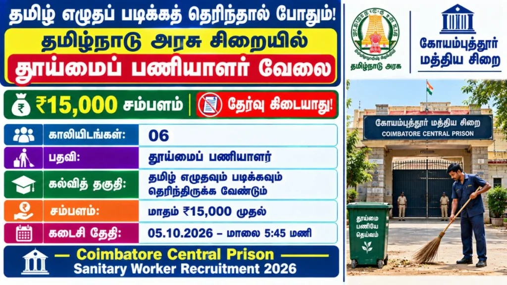Coimbatore Central Prison Sanitary Worker Recruitment 2026