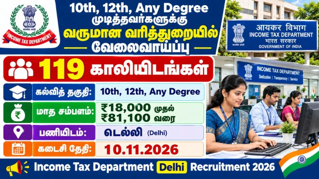 Income Tax Department Delhi Recruitment 2026 – Tax Assistant, Stenographer Grade-II and MTS Sports Quota Vacancies