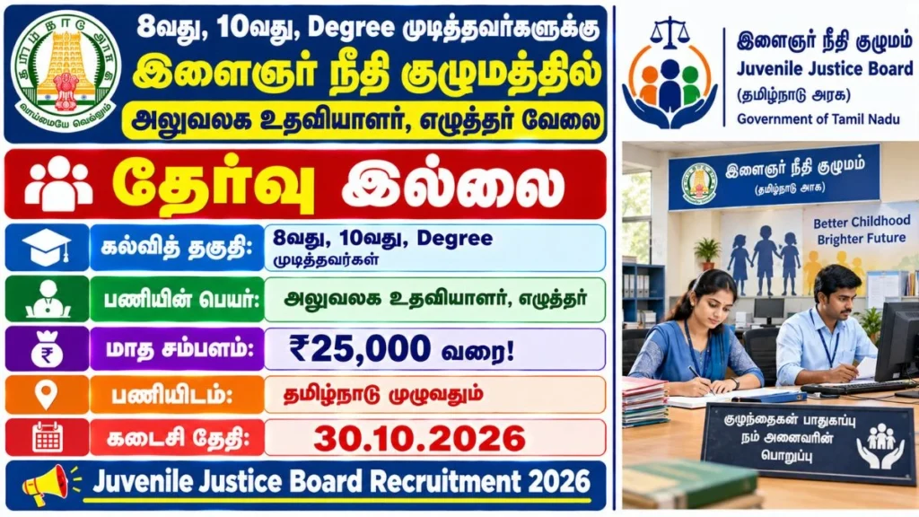 Juvenile Justice Board Recruitment 2026 Madurai – Office Assistant, Junior Assistant and Bench Clerk vacancies for 8th pass, 10th pass and degree candidates