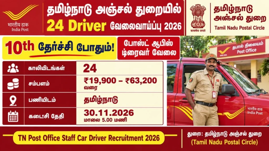 Tamil Nadu Post Office Recruitment 2026 for 24 Staff Car Driver Ordinary Grade vacancies