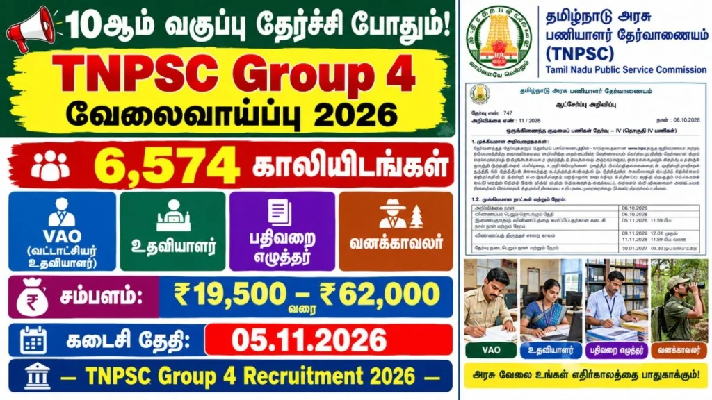 Image Alt Text: TNPSC Group 4 Recruitment 2026 6,574 vacancies for VAO Assistant Record Clerk and Forest Guard